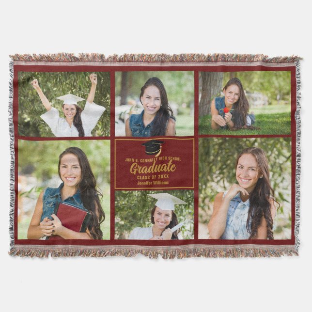 Couverture Maroon Gold Graduation Photo Collage Chic Custom (Devant)