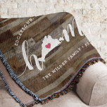 Couverture Martha's Vineyard Home Town Personalized Wood Look<br><div class="desc">Show some hometown pride with this cute rustic faux wood plank throw blanket featuring "home" in white calligraphy script lettering with a silhouette map of Martha's Vineyard standing in for the letter "O." A pink heart illustration inside the state map completes the design; you can change the position of the...</div>
