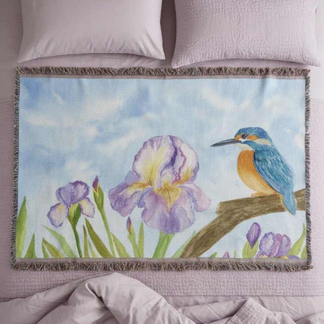 Couverture Martin-pêcheur à l'aquarelle avec iris violets (Créateur téléchargé)