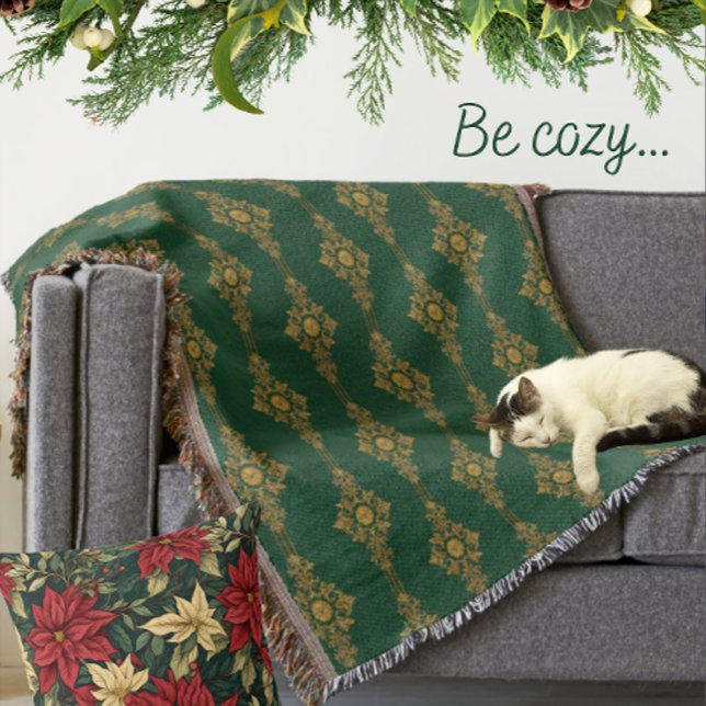 Couverture Médaillon doré vert forêt Classique frangé  (Cuddle up with this fringed throw blanket!)