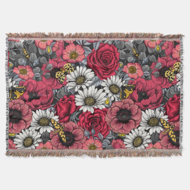 Couverture Mélange de fleurs en rouge et gris (Devant)