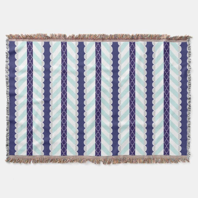 Couverture Menthe, bleu marine, motif rayé géométrique blanc (Devant)