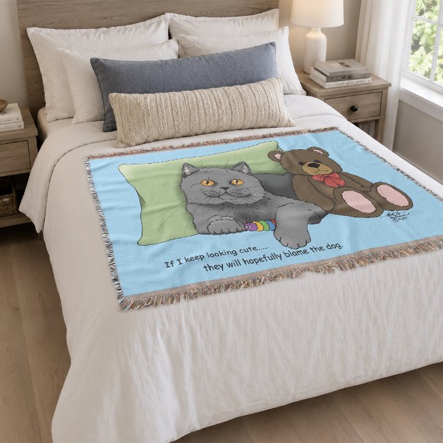 Couverture Mignon Ours en Peluche Chat Gris Drôle Bleu (Créateur téléchargé)