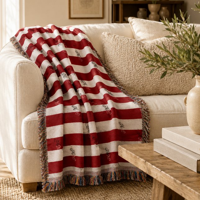 Couverture Minimaliste Monogramme Rayé Bourgogne (Minimalist Burgundy Striped Monogram Throw Blanket)