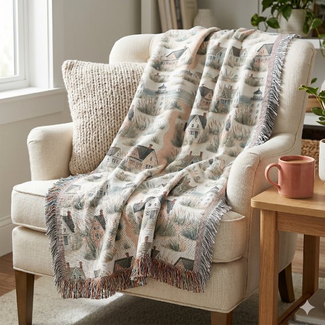 Couverture Modèle de phare de cottage côtier (Coastal Cottage Lighthouse Pattern Throw Blanket)