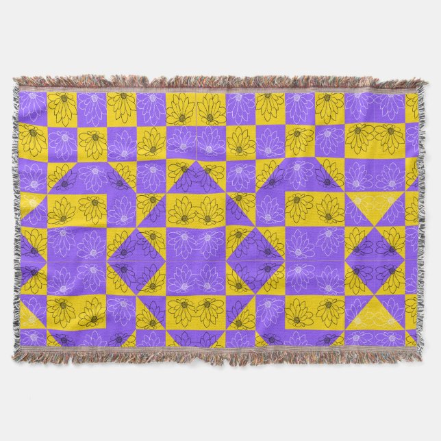 Couverture Modèle floral moderne violet & doré Checkerboard (Devant)