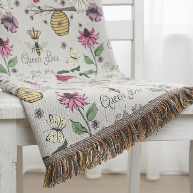 Couverture Moderne Greige Fête des Mères Reine Abeille et Fle (Elegant Nature Hand Drawn Botanical Bee Blankets. Pretty Queen Bee Wildflower Floral Pattern)