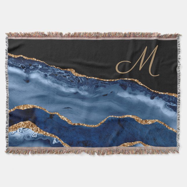 Couverture Moderne Monogramme Pailleté Marbre Bleu Nuit Or  (Devant)