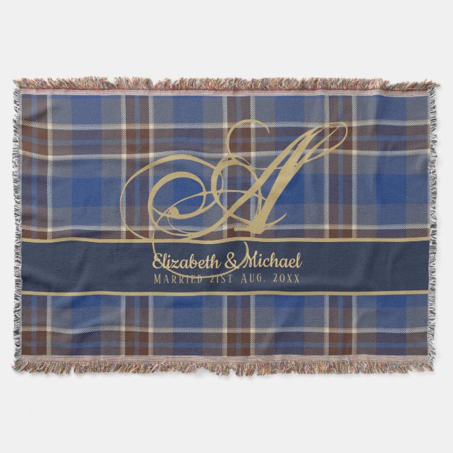 Couverture monogram Blue Tartan Plaid Newlyweds Wedding (Devant)
