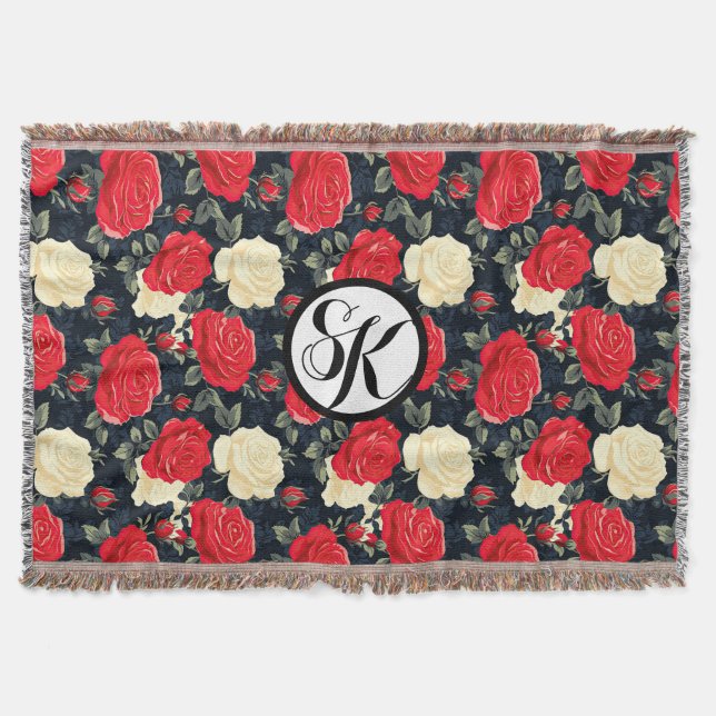Couverture Monogramme à motif Rose rouge et crème (Devant)
