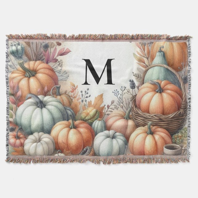 Couverture Monogramme Automne citrouille couleurs pastel aqua (Devant)