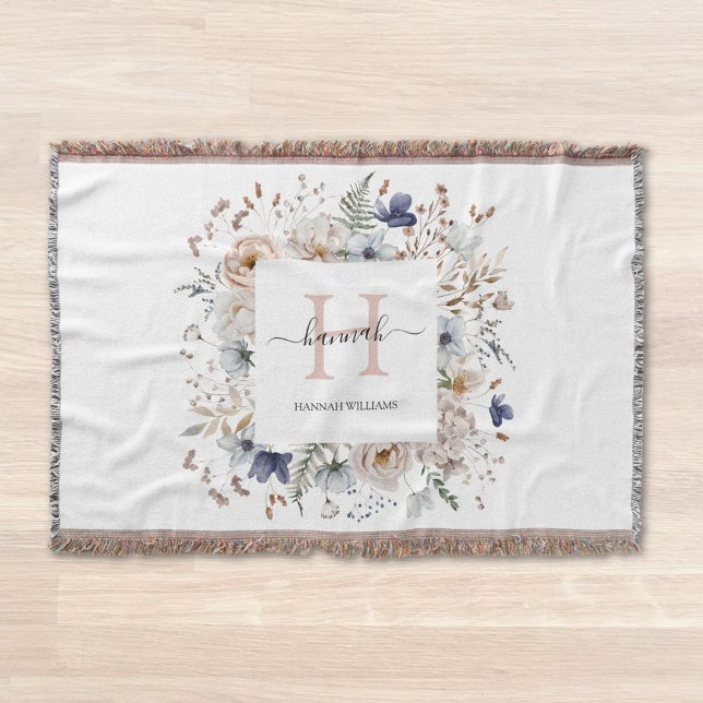 Couverture Monogramme Élégant Jolies Fleurs Beige Bleu Floral (In situ)