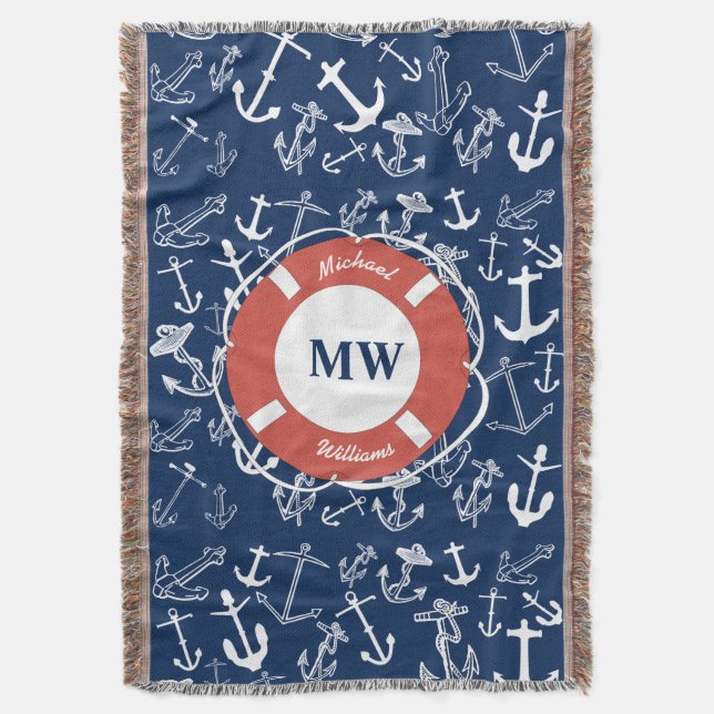 Couverture Monogramme nautique Ancre bleu marine Motif (devant Vertical)