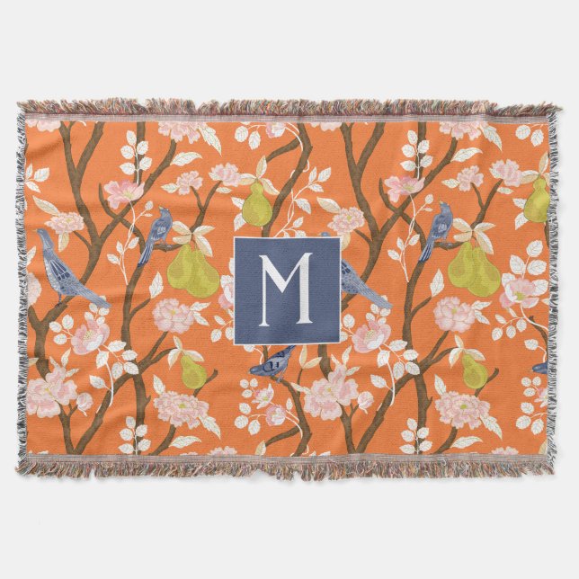Couverture Monogramme orangé et bleu de la Chinoiserie Oiseau (Devant)