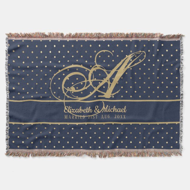 Couverture Monorgam Navy Blue Gold Polkadot Newlywes Mariage (Devant)