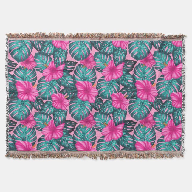 Couverture Monstera feuilles et Hibiscus Turquoise et rose su (Devant)