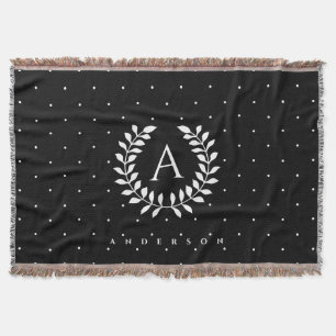 Couverture Motif à pois monogramme laurier blanc sur fond noi