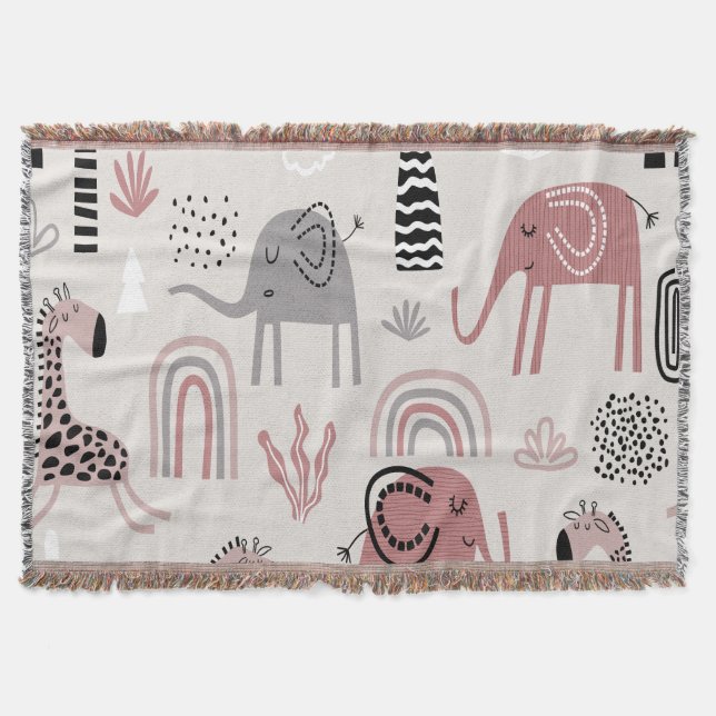 Couverture motif avec des éléphants et des girafes mignons gé (Devant)