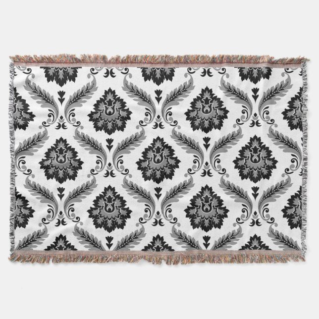Couverture Motif Damassé Rococo Gris Noir Blanc (Devant)