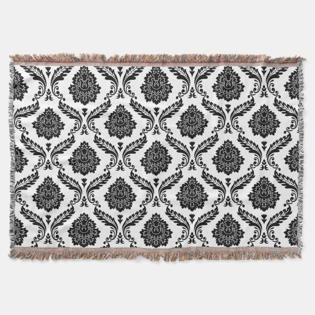 Couverture Motif Damassé Rococo Noir sur Blanc (Devant)