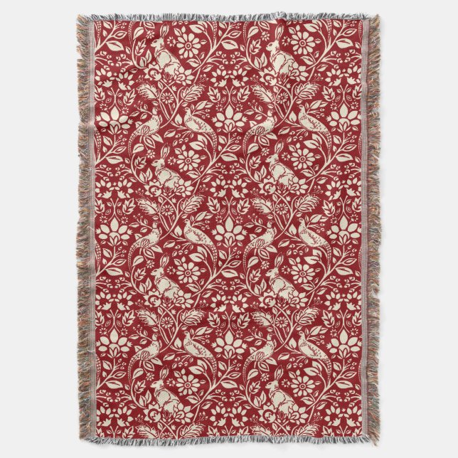 Couverture Motif de faisan et lièvre, rouge profond et crème  (devant Vertical)