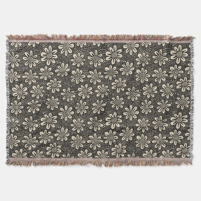 Couverture Motif de fleurs à main 140617 - Noir sur beige (Devant)