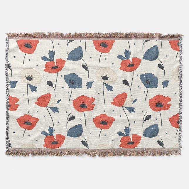 Couverture Motif de Poppies d'aquarelle - Rouge, Bleu et Blan (Devant)