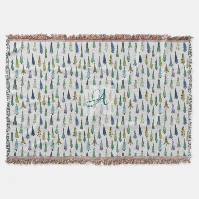Couverture Motif de sapins de forêt hivernale Décor monogramm (Devant)