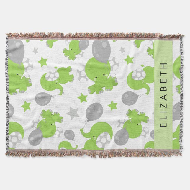 Couverture Motif Des Eléphants Verts, Étoiles, Votre Nom (Devant)