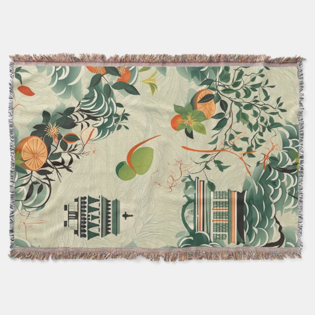 Couverture Motif d'oranges Ethereales avec temples Zen (Devant)