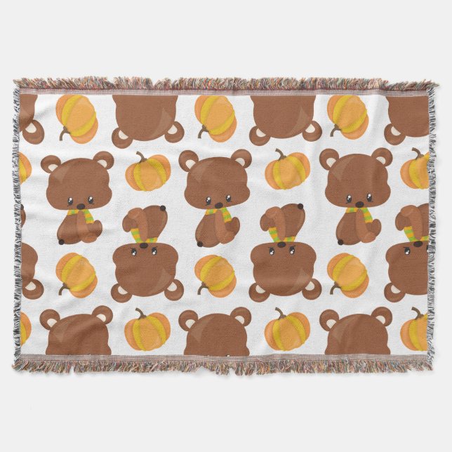 Couverture Motif D'Ours, Ours Mignons, Automne, Citrouille (Devant)