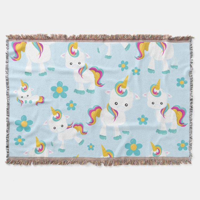 Couverture Motif D'Unicornes, De Mignons Unicornes, Fleurs (Devant)