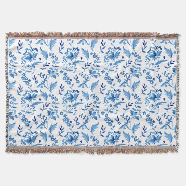 Couverture Motif Élégant Vintage Fleurs Bleu Monogramme (Devant)