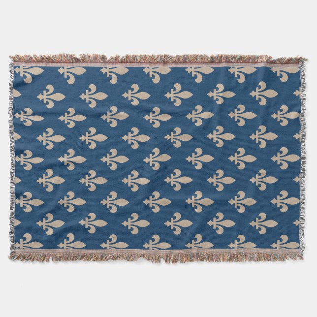 Couverture Motif Fleur de Lis, Royal Français, Crème sur Bleu (Devant)