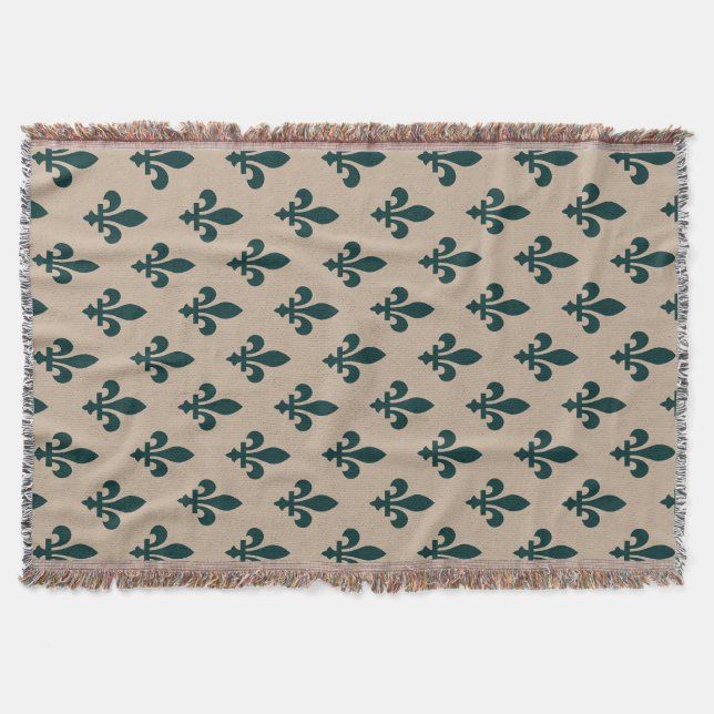 Couverture Motif Fleur de Lis, Vert Royal Français sur Crème (Devant)