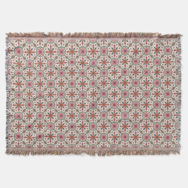 Couverture Motif floral boho en rouge, rose et sarcelle (Devant)