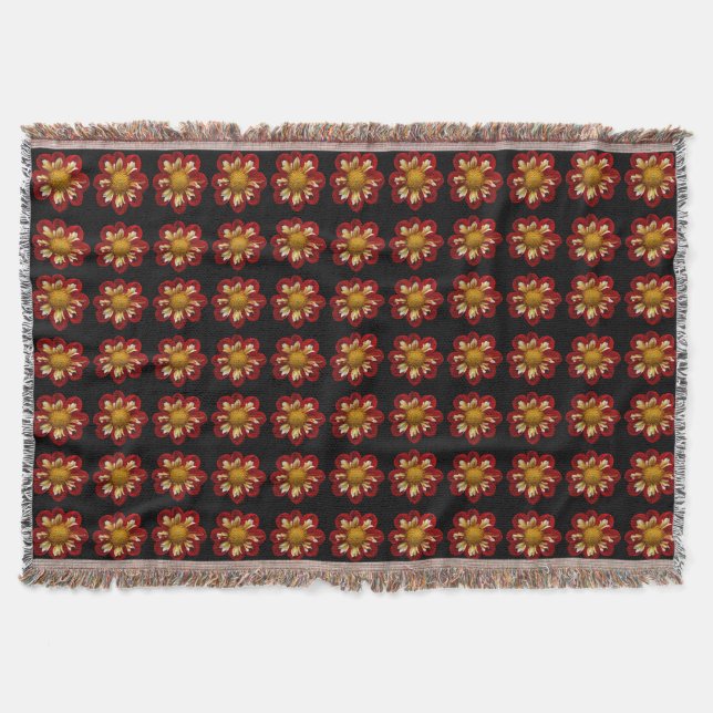 Couverture Motif floral dahlia rouge et blanc sur noir (Devant)