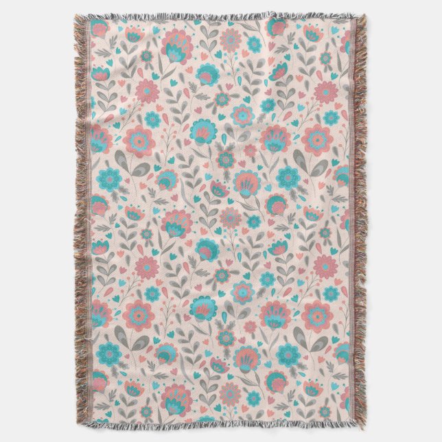 Couverture Motif floral d'art populaire turquoise et de (devant Vertical)