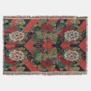 Couverture Motif floral japonais vintage pivoine rouge noir