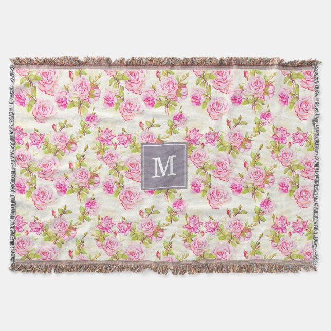 Couverture Motif Floral personnalisé Vieux Roses Monogramme J (Devant)