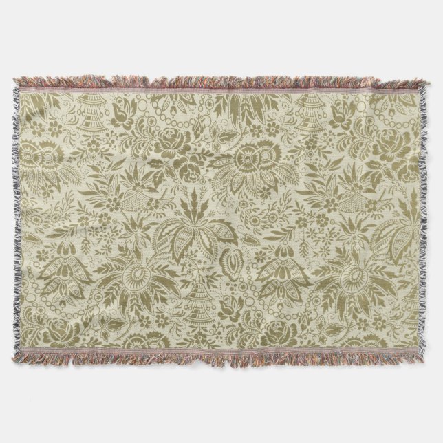 Couverture Motif Floral Vert Sage Antique Damas (Devant)