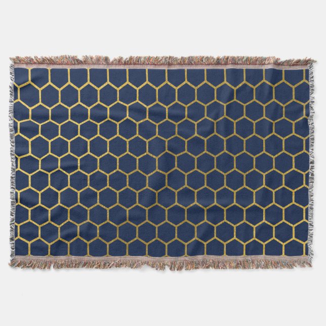 Couverture Motif géométrique marine bleu et or Hexagon (Devant)