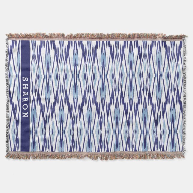 Couverture Motif ikat à l'aquarelle bleu et blanc chic (Devant)