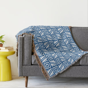 Couverture Motif Ikat Aztec - Bleu Cobalt et Blanc