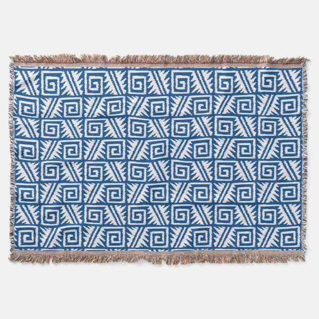 Couverture Motif Ikat Aztec - Bleu Cobalt et Blanc (Devant)