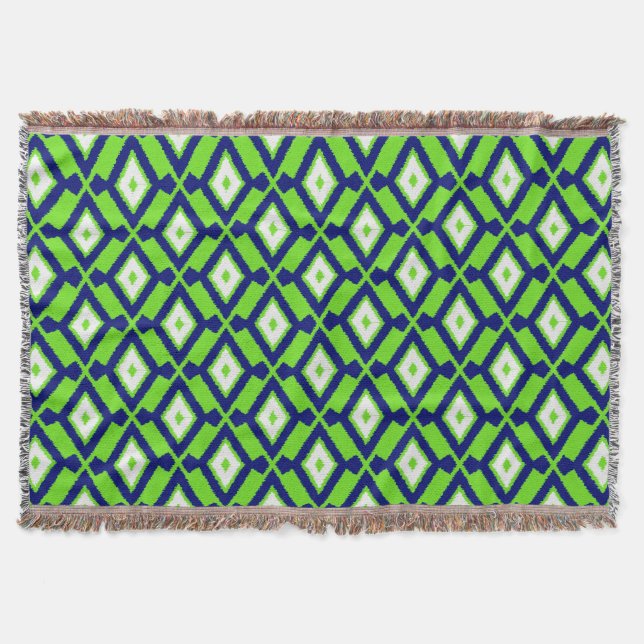 Couverture Motif Ikat - Vert, Indigo Bleu et Blanc (Devant)