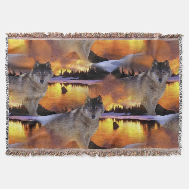 Couverture Motif Loup au coucher du soleil (Devant)
