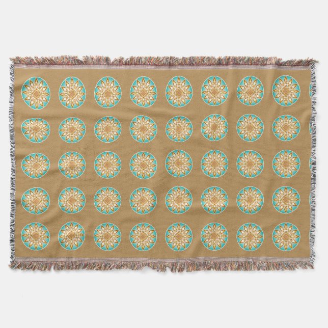 Couverture Motif mandala en beige, crème et turquoise (Devant)