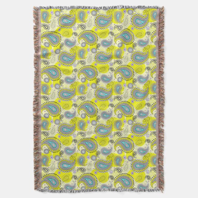 Couverture Motif Paisley Tribal Jaune Citron Turquoise  (devant Vertical)