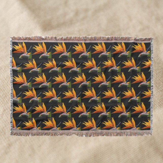 Couverture Motif Plante Orange Bird of Paradise sur Noir (In Situ)